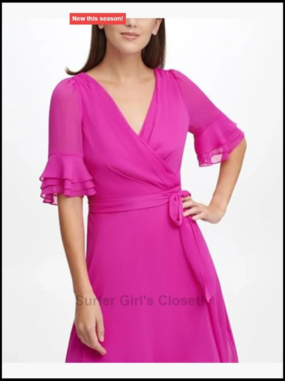 DKNY Ruffle Sleeve Surplice Tie Fit & Flare Midi Dress